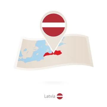 Folded paper map of Latvia with flag pin of Latvia. Stock Illustration