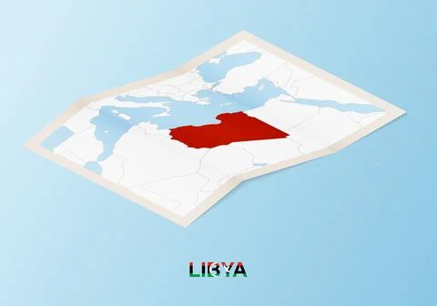 Folded paper map of Libya with neighboring countries in isometric style. Stock Illustration