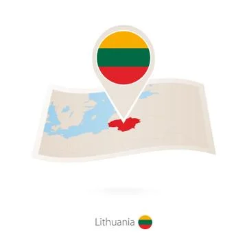 Folded paper map of Lithuania with flag pin of Lithuania. Stock Illustration