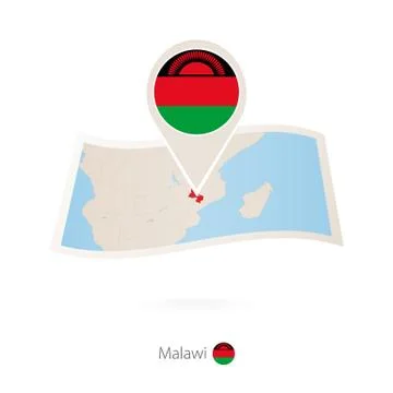 Folded paper map of Malawi with flag pin of Malawi. Stock Illustration