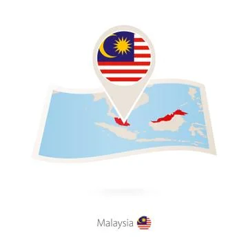 Folded paper map of Malaysia with flag pin of Malaysia. Stock Illustration