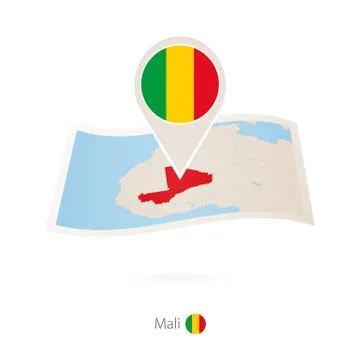 Folded paper map of Mali with flag pin of Mali. Stock Illustration