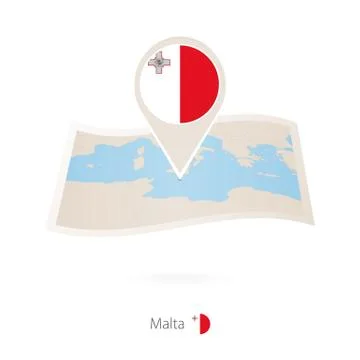 Folded paper map of Malta with flag pin of Malta. Stock Illustration