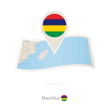 Folded paper map of Mauritius with flag pin of Mauritius. Stock Illustration