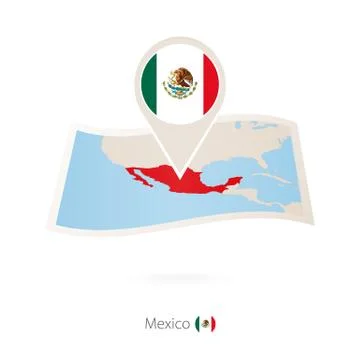 Folded paper map of Mexico with flag pin of Mexico. Stock Illustration