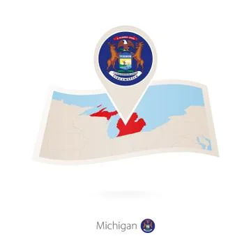 Folded paper map of Michigan U.S. State with flag pin of Michigan. Stock Illustration