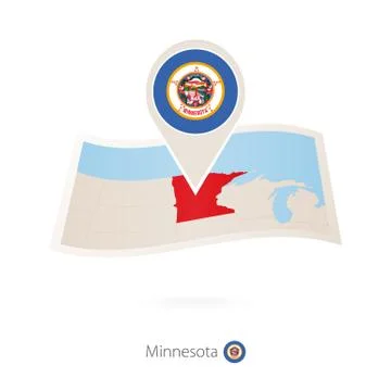 Folded paper map of Minnesota U.S. State with flag pin of Minnesota. Stock Illustration
