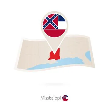 Folded paper map of Mississippi U.S. State with flag pin of Mississippi. Stock Illustration