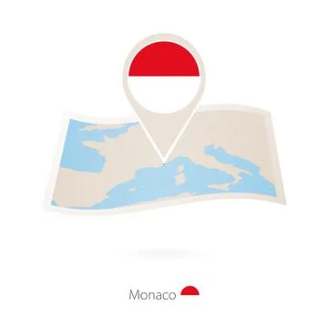 Folded paper map of Monaco with flag pin of Monaco. Stock Illustration