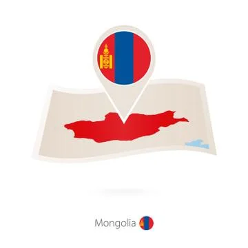 Folded paper map of Mongolia with flag pin of Mongolia. Stock Illustration