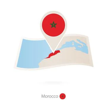 Folded paper map of Morocco with flag pin of Morocco. Stock Illustration