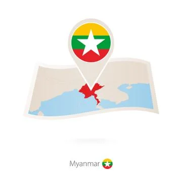 Folded paper map of Myanmar with flag pin of Myanmar. Stock Illustration