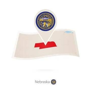Folded paper map of Nebraska U.S. State with flag pin of Nebraska. Stock Illustration