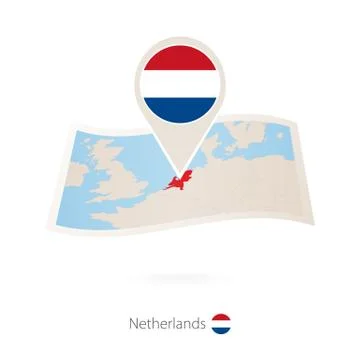 Folded paper map of Netherlands with flag pin of Netherlands. Stock Illustration