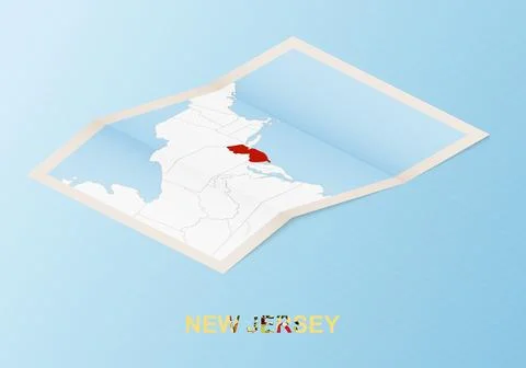 Folded paper map of New Jersey with neighboring countries in isometric style. Stock Illustration