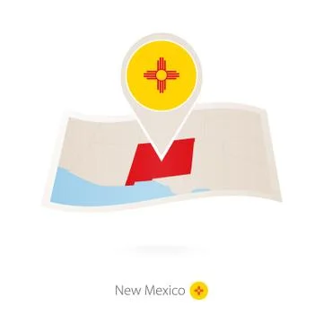 Folded paper map of New Mexico U.S. State with flag pin of New Mexico. Stock Illustration