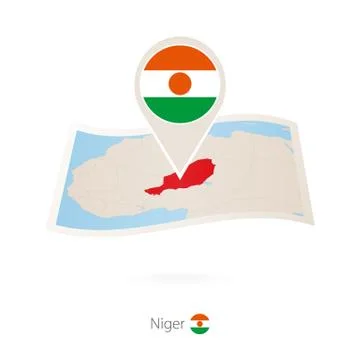 Folded paper map of Niger with flag pin of Niger. Stock Illustration