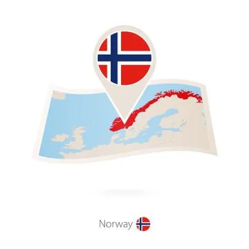 Folded paper map of Norway with flag pin of Norway. Stock Illustration