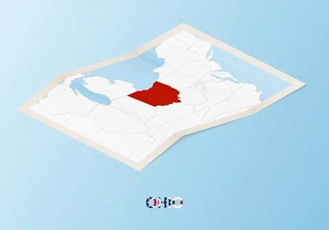 Folded paper map of Ohio with neighboring countries in isometric style. Stock Illustration