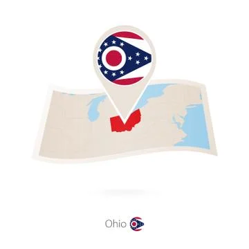 Folded paper map of Ohio  U.S. State with flag pin of Ohio. Stock Illustration