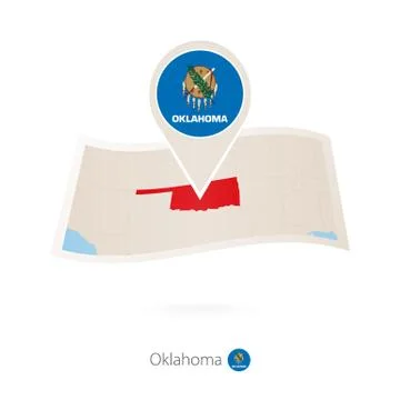 Folded paper map of Oklahoma U.S. State with flag pin of Oklahoma. Stock Illustration