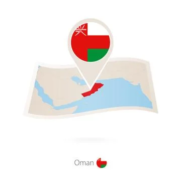 Folded paper map of Oman with flag pin of Oman. Stock Illustration