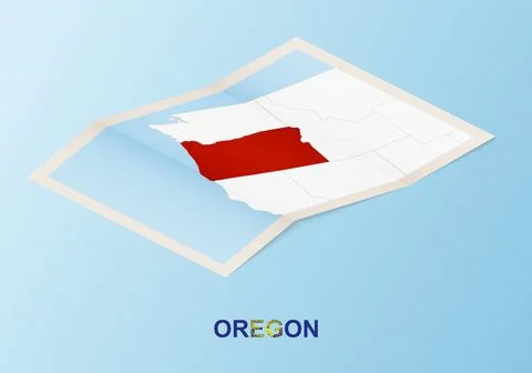 Folded paper map of Oregon with neighboring countries in isometric style. Illustration