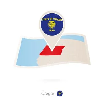 Folded paper map of Oregon U.S. State with flag pin of Oregon. Stock Illustration