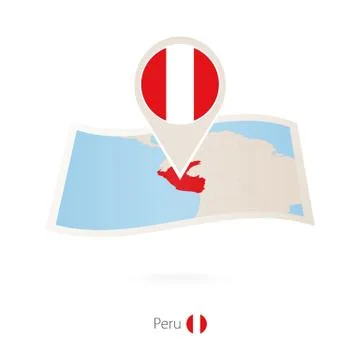 Folded paper map of Peru with flag pin of Peru. Stock Illustration