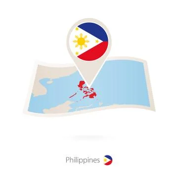 Folded paper map of Philippines with flag pin of Philippines. Stock Illustration