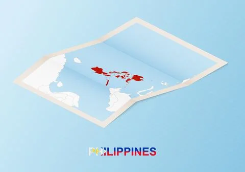 Folded paper map of Philippines with neighboring countries in isometric style Illustration