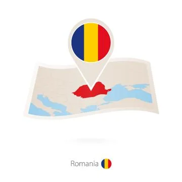 Folded paper map of Romania with flag pin of Romania. Stock Illustration