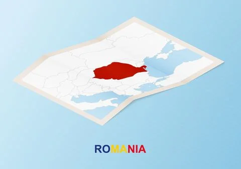 Folded paper map of Romania with neighboring countries in isometric style. Stock Illustration