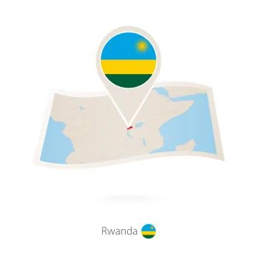 Folded paper map of Rwanda with flag pin of Rwanda Stock Illustration
