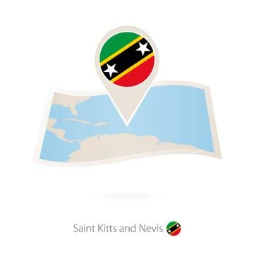 Folded paper map of Saint Kitts and Nevis with flag pin of Saint Kitts and Ne Stock Illustration