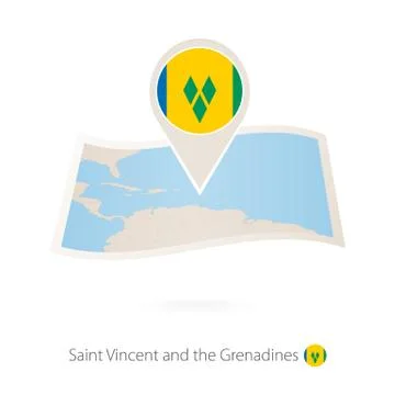 Folded paper map of Saint Vincent and the Grenadines with flag pin of Saint V Stock Illustration