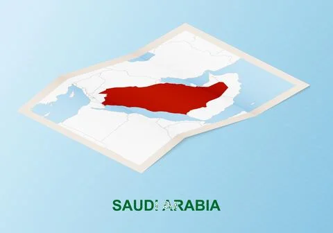 Folded paper map of Saudi Arabia with neighboring countries in isometric styl Stock Illustration