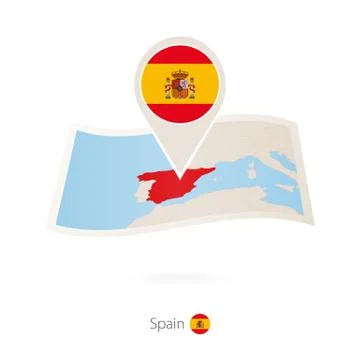 Folded paper map of Spain with flag pin of Spain. Stock Illustration