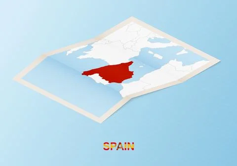 Folded paper map of Spain with neighboring countries in isometric style. Stock Illustration