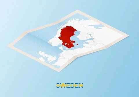 Folded paper map of Sweden with neighboring countries in isometric style. Stock Illustration