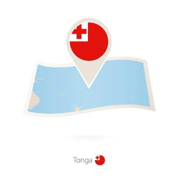 Folded paper map of Tonga with flag pin of Tonga. Stock Illustration