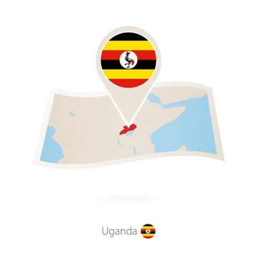 Folded paper map of Uganda with flag pin of Uganda. Stock Illustration