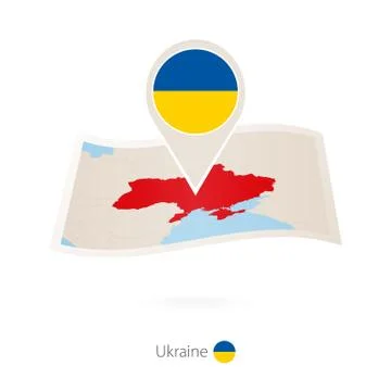 Folded paper map of Ukraine with flag pin of Ukraine. Stock Illustration