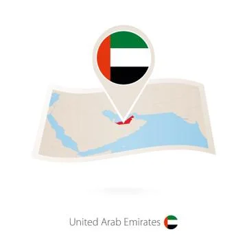 Folded paper map of United Arab Emirates with flag pin of UAE. Stock Illustration