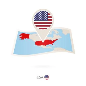 Folded paper map of USA with flag pin of United States of America. Stock Illustration