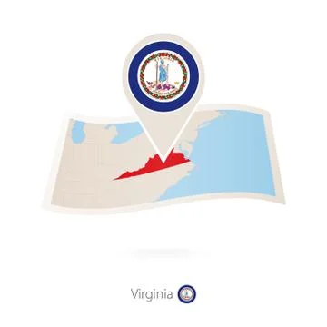 Folded paper map of Virginia  U.S. State with flag pin of Virginia. Stock Illustration