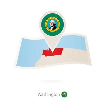 Folded paper map of Washington U.S. State with flag pin of Washington. Stock Illustration