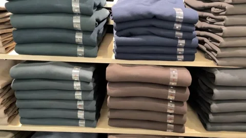 Folded sweaters stacked neatly on shelf in clothing store, showcasing varie.. Stock Footage 330745799