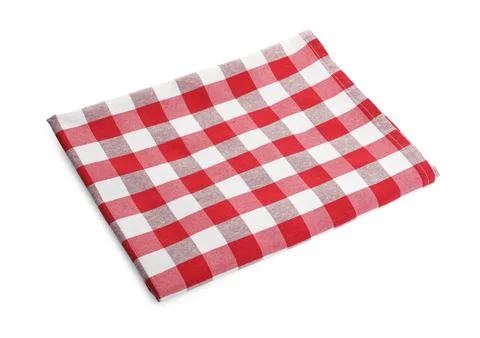 Folded tablecloth with checkered pattern isolated on white Stock Photos