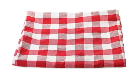 Folded tablecloth with checkered pattern isolated on white Stock Photos